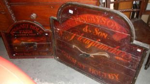 2 wooden signs - John Tinlayson & Son, Plough maker and Boggart Hole Farm.