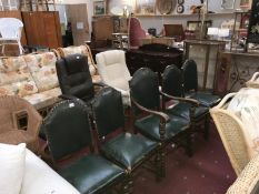 4 green leather upholstered dining chairs & a green leather carver armchair