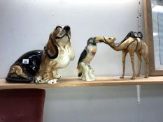 3 large animal ornaments in porcelain & animal skin (beagle,