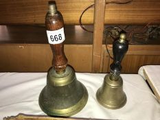 2 old brass hand bells
