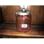 A cranberry glass biscuit barrel with EPNS lid & handle