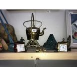 A quantity of brassware including spirit kettle on stand,
