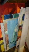 A portfolio of 20th century oils on paper and board together with 3 large oil on canvas paintings.
