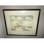 A framed & glazed watercolour of a WWII armed ship. Signed G. Coleson.