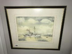 A framed & glazed watercolour of a WWII armed ship. Signed G. Coleson.