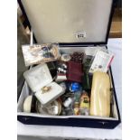 A box of assorted items including watches, badges, costume jewellery etc.
