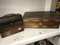 2 decorative inlaid wooden boxes & an empty clothes brush case