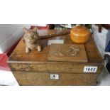 A mahogany box and contents including cat inkwell.