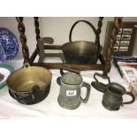 A collection of metalware jam pots, irons, tankards etc.