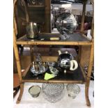 A miscellaneous collection of metalware and glassware including teapot, cake stand etc.