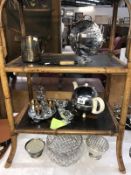 A miscellaneous collection of metalware and glassware including teapot, cake stand etc.