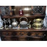 A mixed lot of metal ware including brass coal scuttle & pair of silver plate candelabras etc.