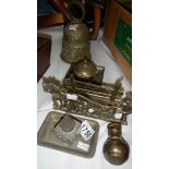 A brass bell, inkwell, letter rack etc.