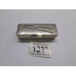 A silver hair pin box with Birmingham hall mark (indistinct), 1.5 ounces.