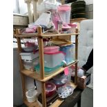 3 shelves & a box of plastic storage containers, trays & utensils etc.