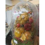 A display of various fruits under glass dome.