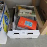 A box of Triang Minic motorway track etc., including garage (no cars).