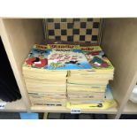 A box of Beano and Dandy comics and chess set