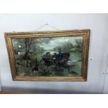 A framed & glazed engraving 'Lake scene with dogs'