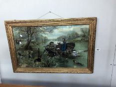 A framed & glazed engraving 'Lake scene with dogs'