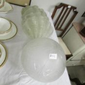 6 art deco glass clam lamp shades and one other.