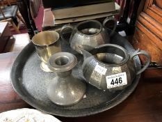 5 items of pewter including tray, candleholder,