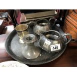 5 items of pewter including tray, candleholder,