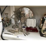 A mixed lot of silver plate including candelabra, tray, cased spoons & condiment set etc.