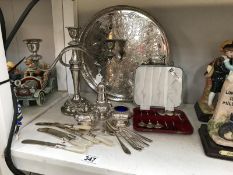 A mixed lot of silver plate including candelabra, tray, cased spoons & condiment set etc.