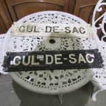 2 cast iron street signs 'Cul-De-Sac'.