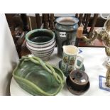 A collection of Earthenware pots, basket, mustard pot,