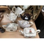 4 assorted china teapots and a matching teapot and sugar bowl