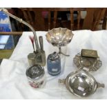 A Chinese metal pipe, metal pipe, silver plated bon-bon dish, 2 handled tray & matchbox stand etc.