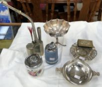 A Chinese metal pipe, metal pipe, silver plated bon-bon dish, 2 handled tray & matchbox stand etc.