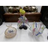 3 items of fine glass ware including clown, handkerchief dish and scent bottle.