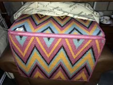 An Amy Kent designer bespoke rugs pouffe with cloth storage bag (multi coloured zig zag pattern