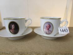 2 Norwegian tea cups and saucers with miniature portraits (1 A/F)