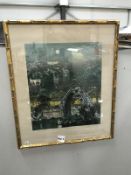 A framed and glazed 20th Century Chinese school lithoraph depicting a river scene with bridge and