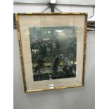 A framed and glazed 20th Century Chinese school lithoraph depicting a river scene with bridge and