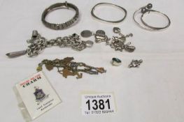 2 vintage charm bracelets with 19 interesting charms (some silver) featuring dog, teddy, hearts etc.