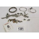 2 vintage charm bracelets with 19 interesting charms (some silver) featuring dog, teddy, hearts etc.