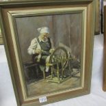 A continental framed oil on canvas 'Spinning' signed L Moseley.
