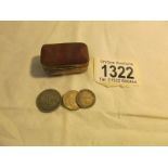 A 19th century stone set snuff box with 3 silver coins,.