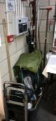 A large collection of garden hand tools including hose reel, sack truck & bow saw etc.