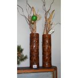 A pair of carved wood vases/brush pots.