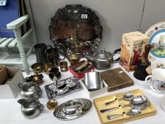 A quantity of silverplate, pewter and brassware including condiments, presentation tray,