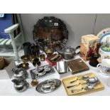 A quantity of silverplate, pewter and brassware including condiments, presentation tray,