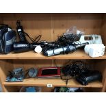 2 shelves of household electrical items including portable CD player,