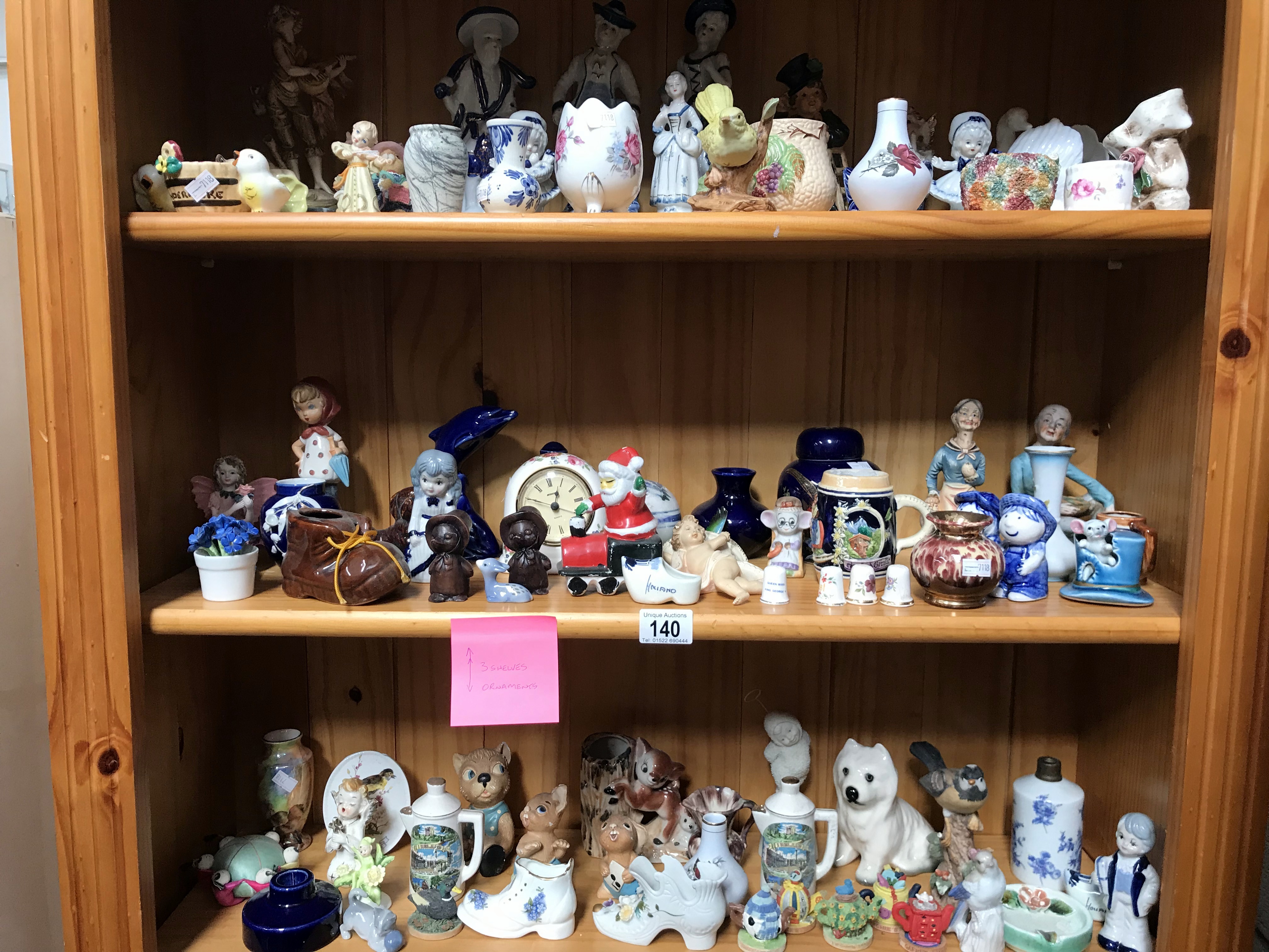 3 shelves of porcelain & other ornaments & figurines