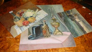 A Marin Lewin (1922-1979 oil on board still life featuring top hat,
